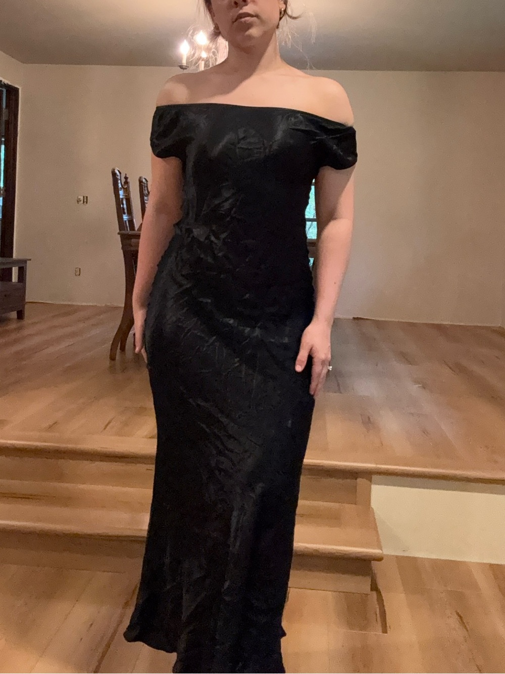 ASOS black formal off shoulder satin maxi dress size small/ XS
